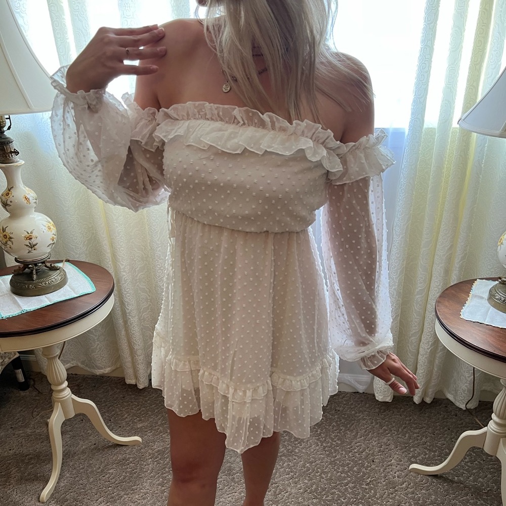 October Love Off the Shoulder White Lace Mini Dress